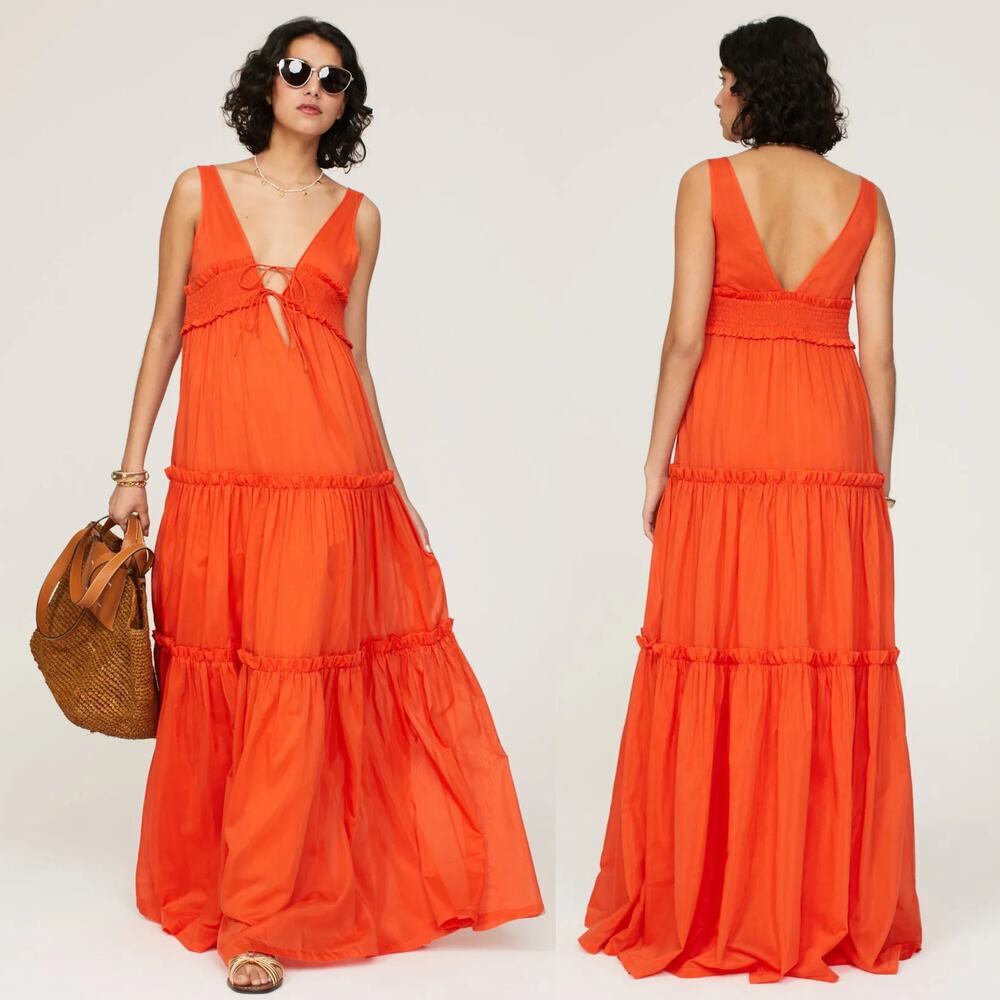Nicholas Myla Dress Silk Blend Sleeveless V-Neck Ruffle Tiered Maxi Orange 2